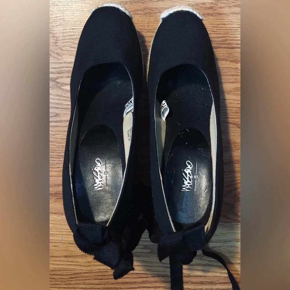 Mossimo Black Espadrille Shoes 4” inch Platform Straw Heel & Tie Accent Size 7